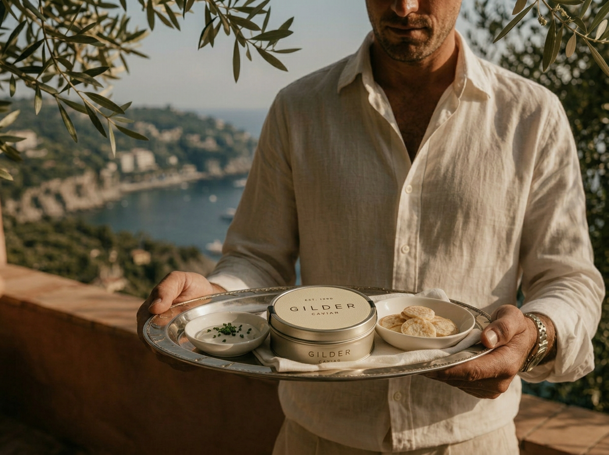 The first spoon of caviar lifted from the tin